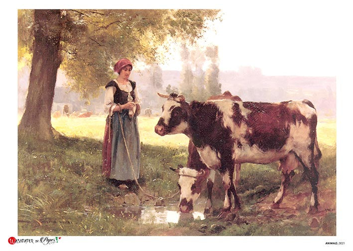 Woman on a Farm with Cows Paper Designs A4 Rice Paper