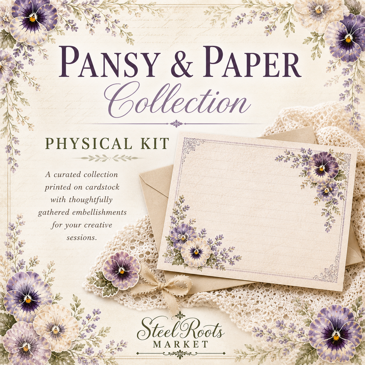 The Pansy & Paper Collection – Printed Creative Kit | A Mother’s Day Paper Crafting Bundle | Printed Paper Craft Kit for Junk Journaling & Mixed Media (Limited)| Printed Junk Journal + Embellishment Pack