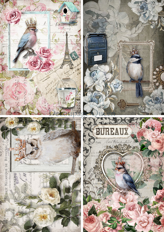 Crowned Birds 4 Pack A4 Rice Paper Decoupage Queen