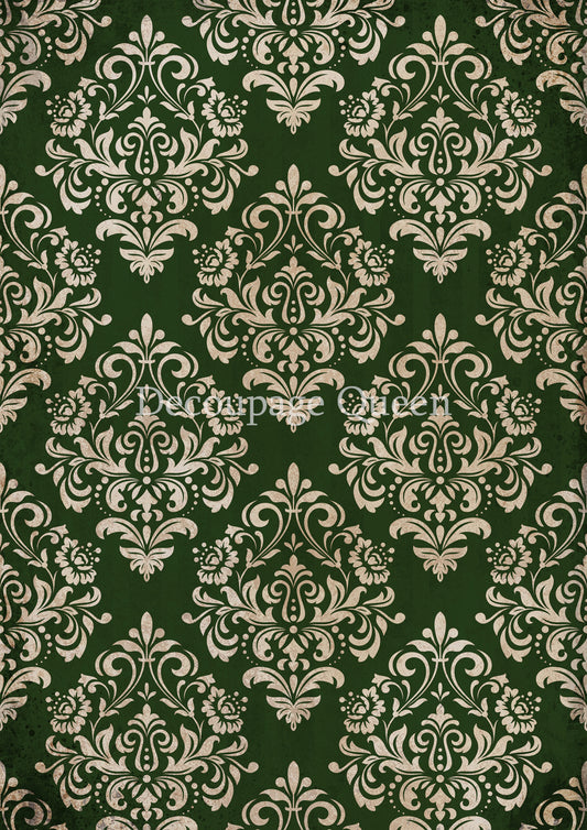 Christmas Green Damask A4 Rice Paper Decoupage Queen