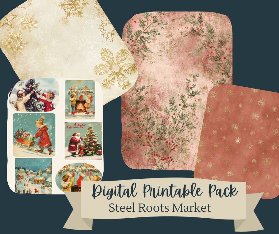 Cottage Christmas 2025 Printable Paper Collection – 4 Sheet Digital Bundle Designed exclusively by Steel Roots Market.