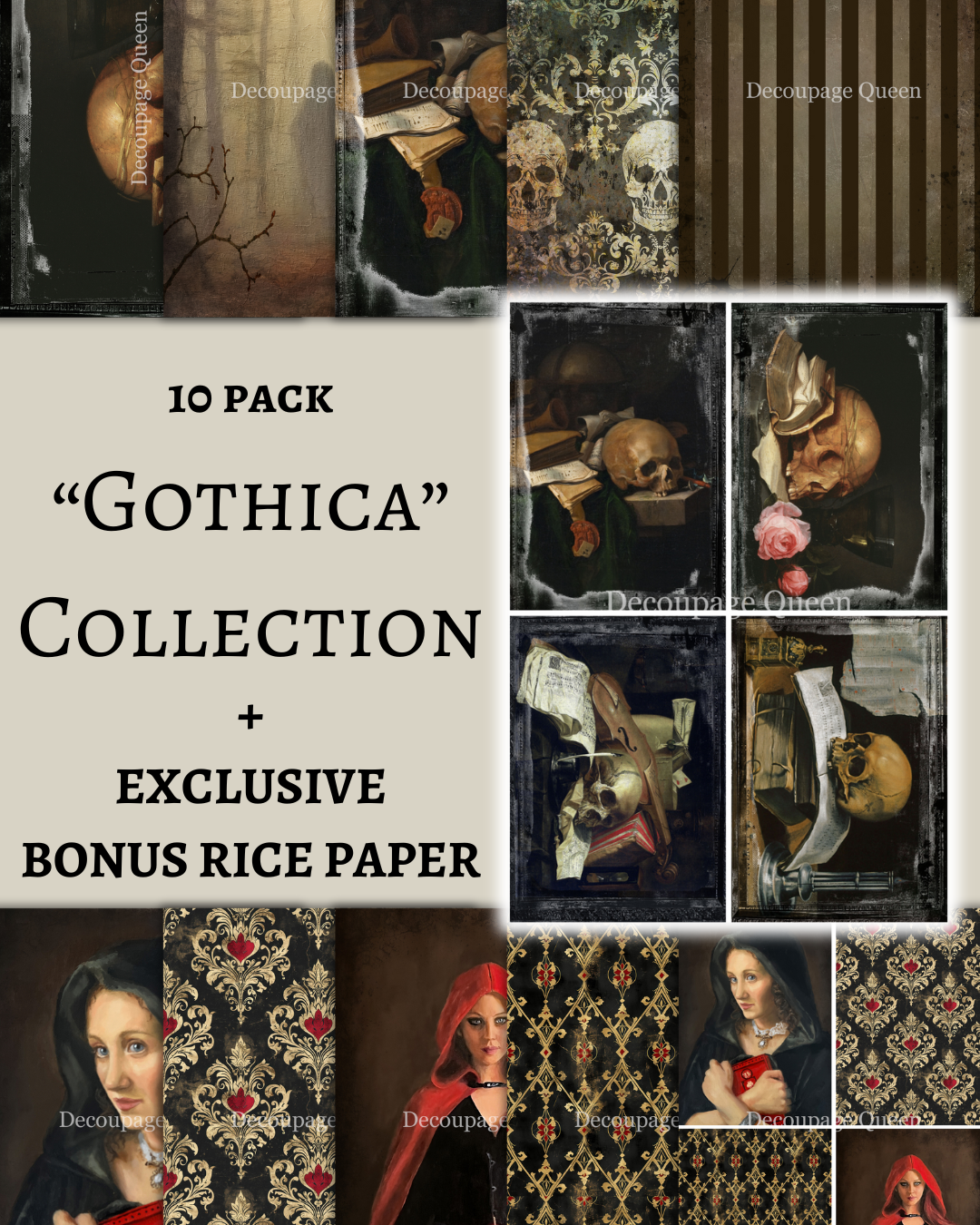 Fall 2025 Gothica 10 Pack w/ Bonus Paper ~ A4 Rice Paper Decoupage Queen