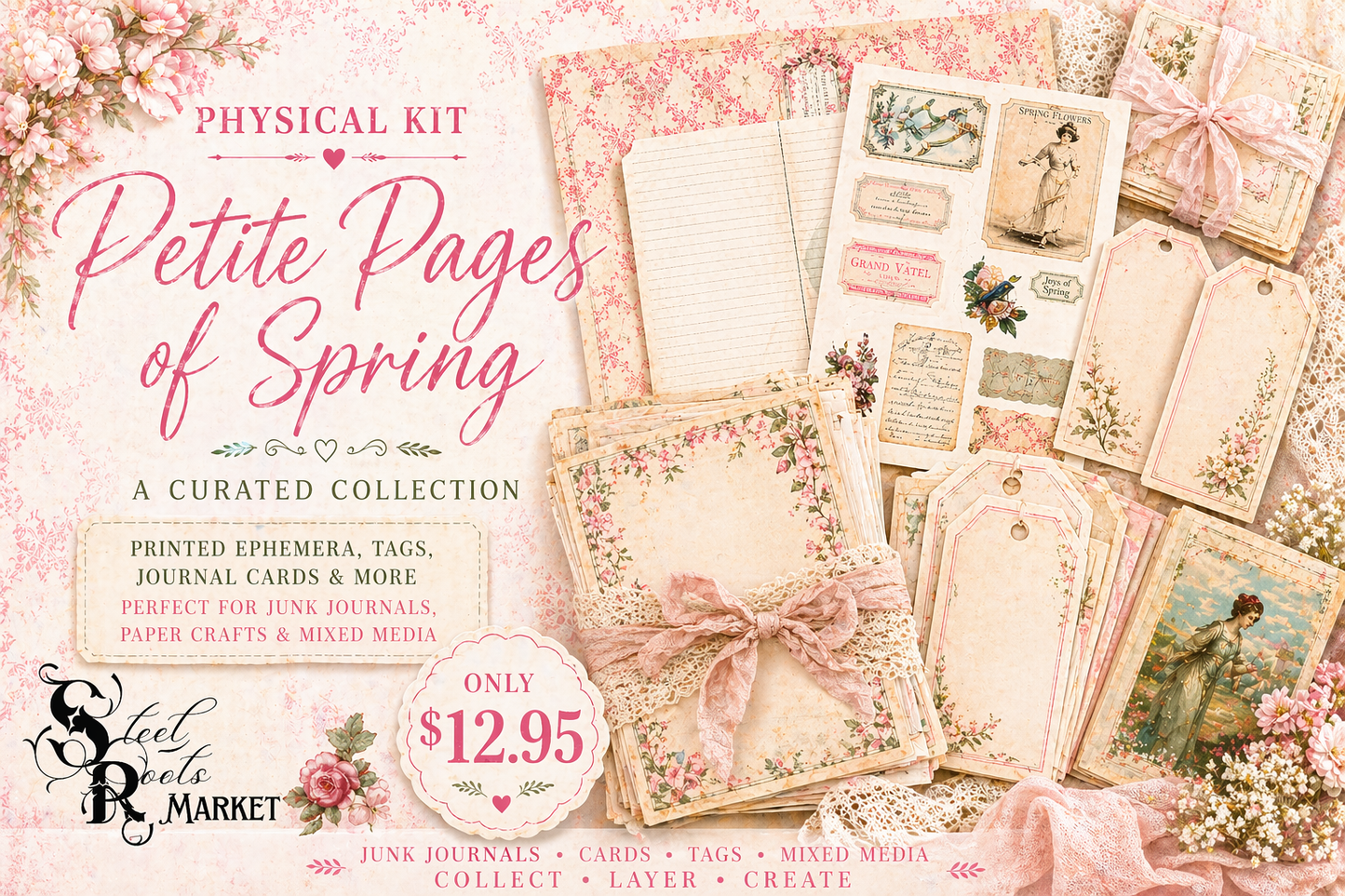 Petite Pages of Spring Mini Journal Kit | Printed Paper Craft Kit for Junk Journaling & Mixed Media (Limited)| Printed Junk Journal + Embellishment Pack