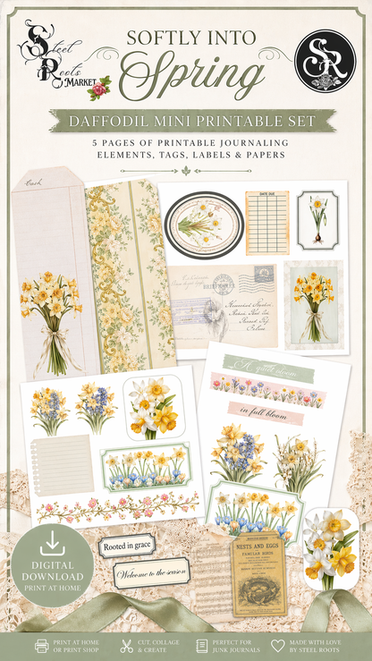 Softly Into Spring Daffodil Paper Crafting Kit | Printed Junk Journal + Embellishment Pack