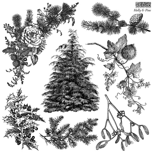 PRE-ORDER -IOD Holly and Pine 12×12 DECOR STAMP
