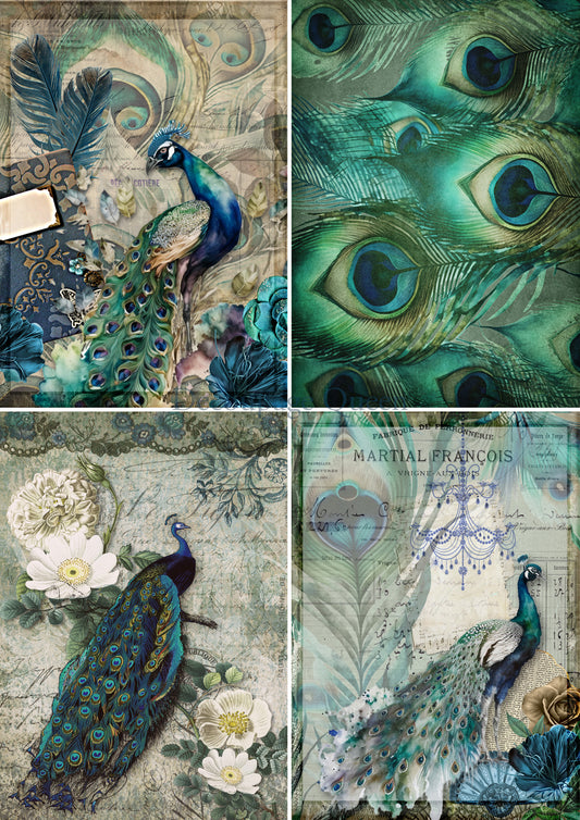 Peacock 4 Pack A4 Rice Paper Decoupage Queen
