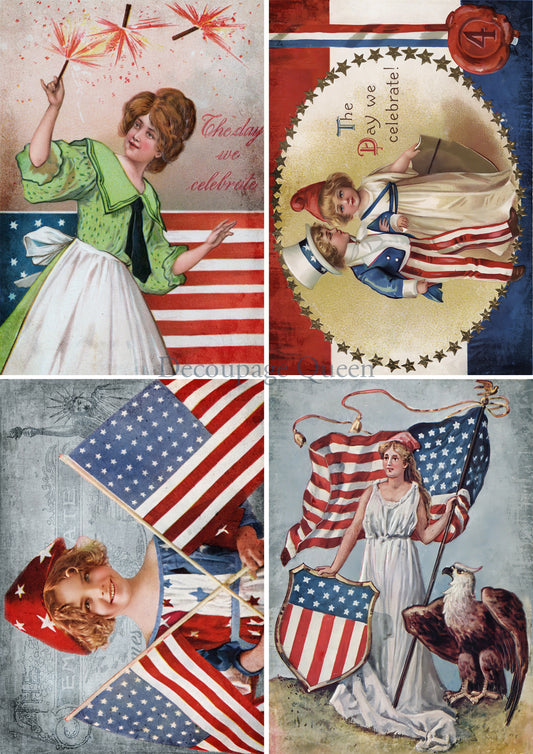 Fourth of July Four Pack A4 Rice Paper Decoupage Queen