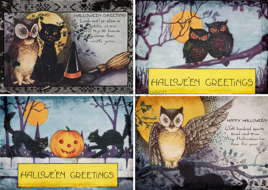 Vintage Cats and Owls Halloween 4 Pack  - Rice Paper A3