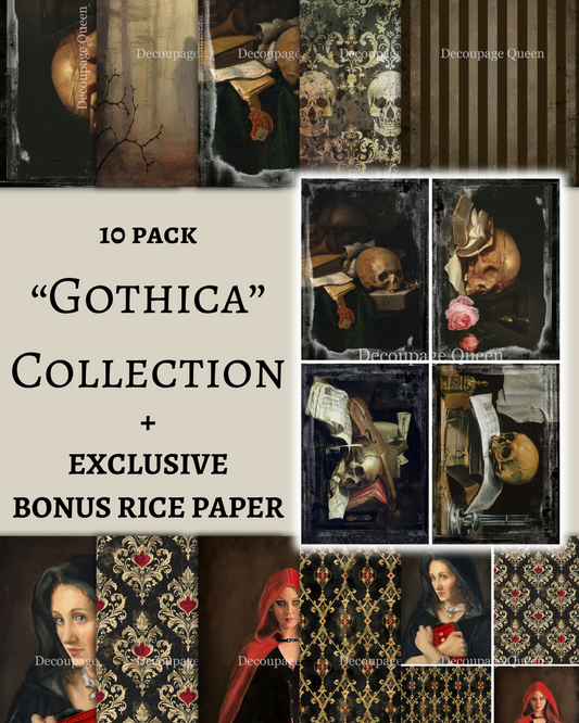 Fall 2025 Gothica 10 Pack  w/ Bonus Paper ~ A3 Rice Paper Decoupage Queen
