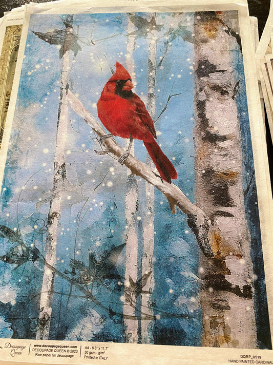 Hand painted Cardinal A4 Rice Paper Decoupage Queen