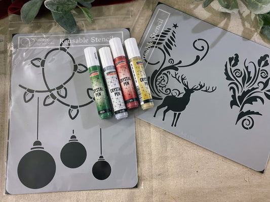 🎄 Limited Edition Bundle - 2  Christmas Stencils & Crystal Pen Bundle Vintage Retail Therapy By Mara + Pentart