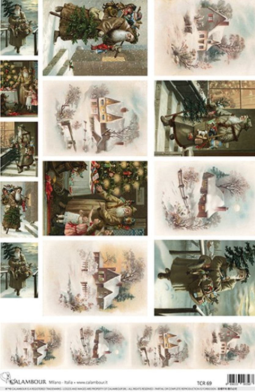 Vintage Santas & Snowy House Christmas Rice Paper A3 Plus