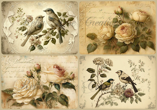 French Country Birds and Roses  Rice Paper, A4 - Reba Rose Creations