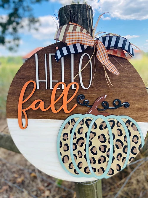 22'' Unfinished Door hanger Hello Fall Leopard