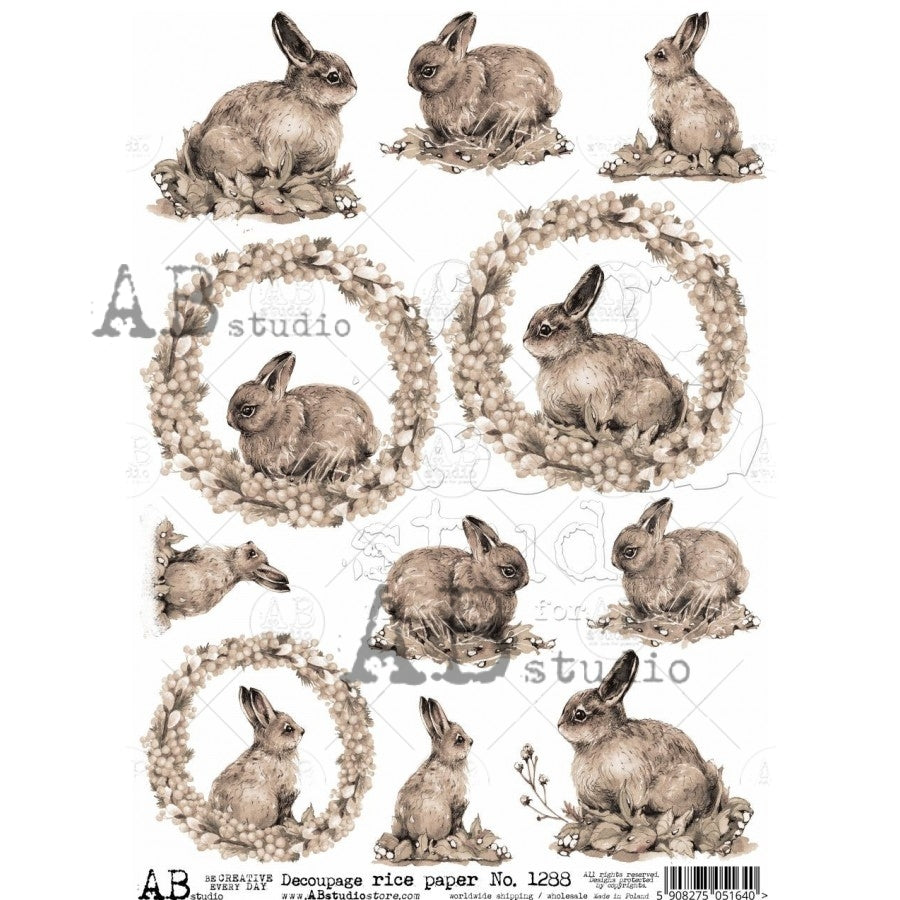 Sepia Bunny Rabbits A4 Rice Paper